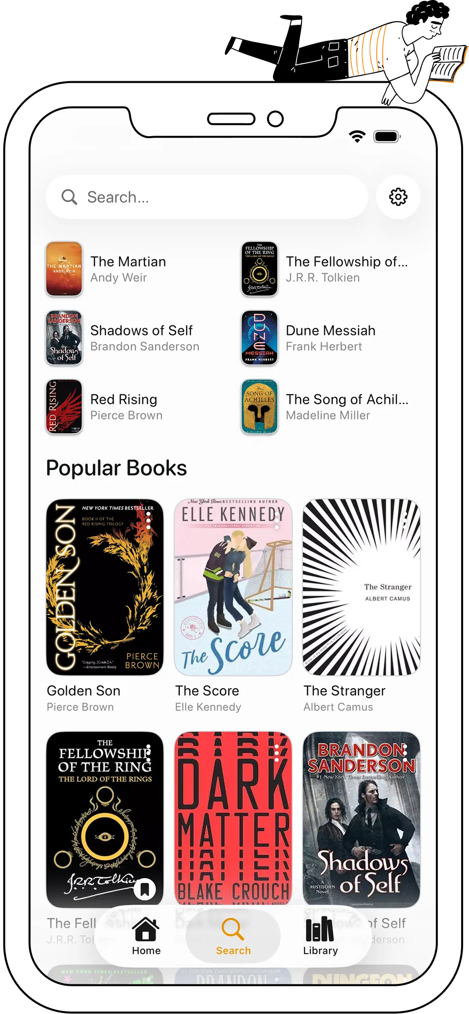 tome. search screen with recent books and a grid of popular book covers