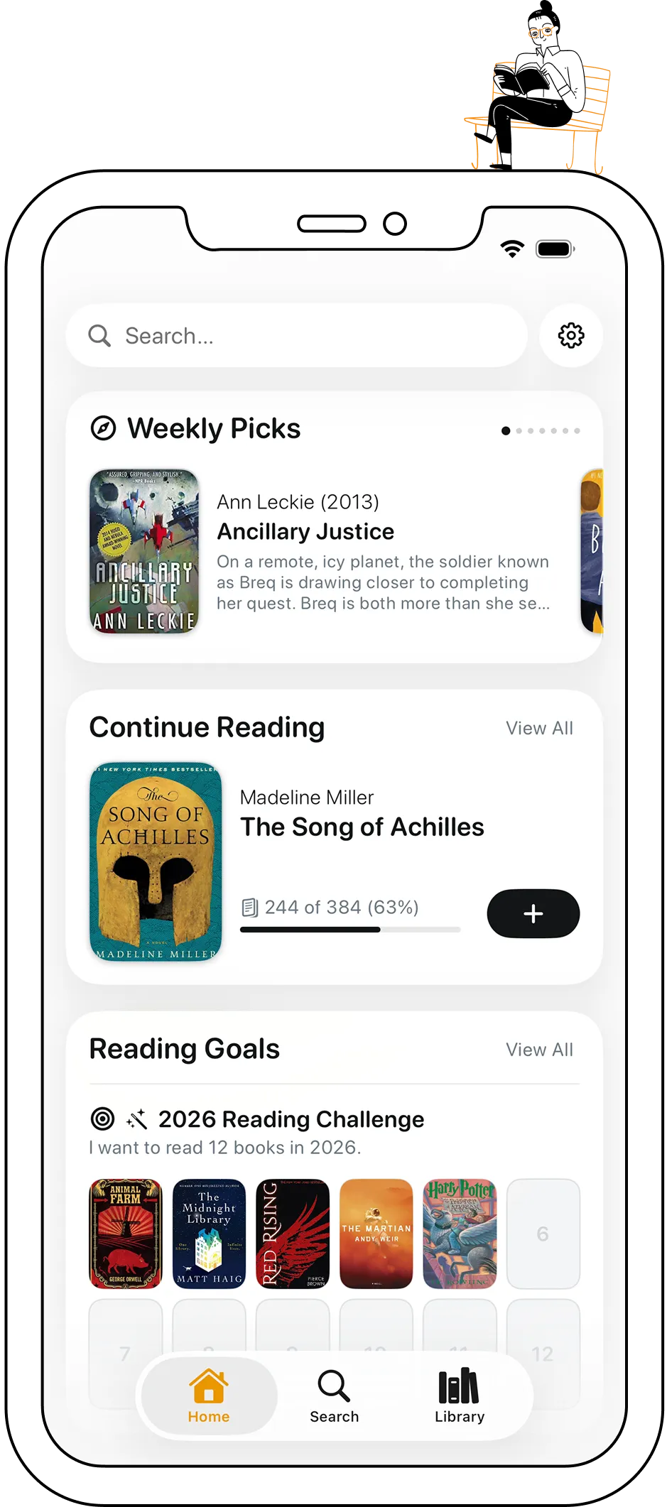 tome. home screen with weekly picks, a book in progress and a yearly reading challenge