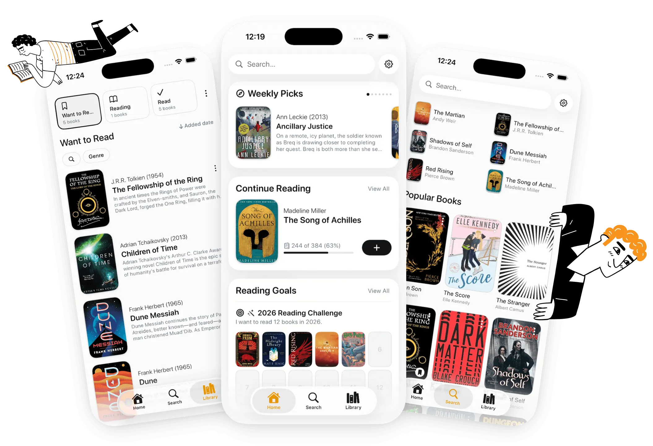 tome. app screens showing library, home with reading goals, and book search