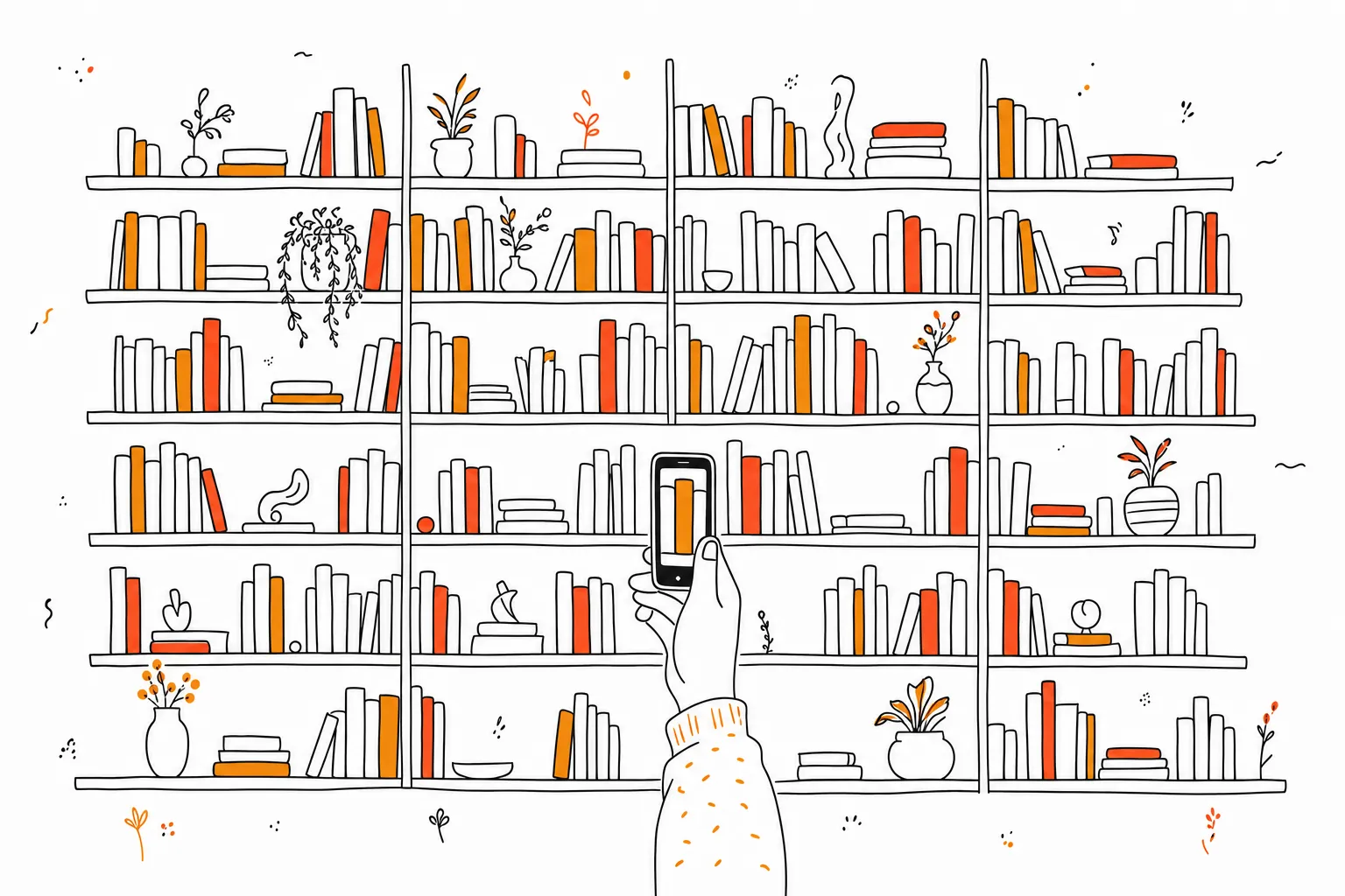 Line illustration of a wall of bookshelves packed with amber and red spines, with a hand in the foreground holding up a phone