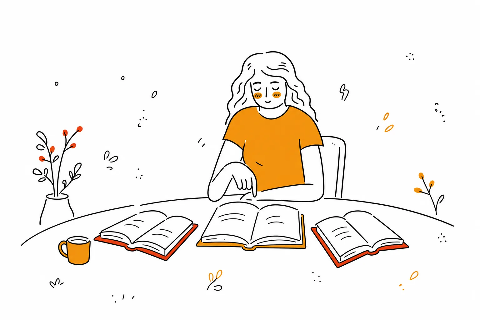 Line illustration of a reader at a table with three open books in front of them, one hand hovering over the middle one
