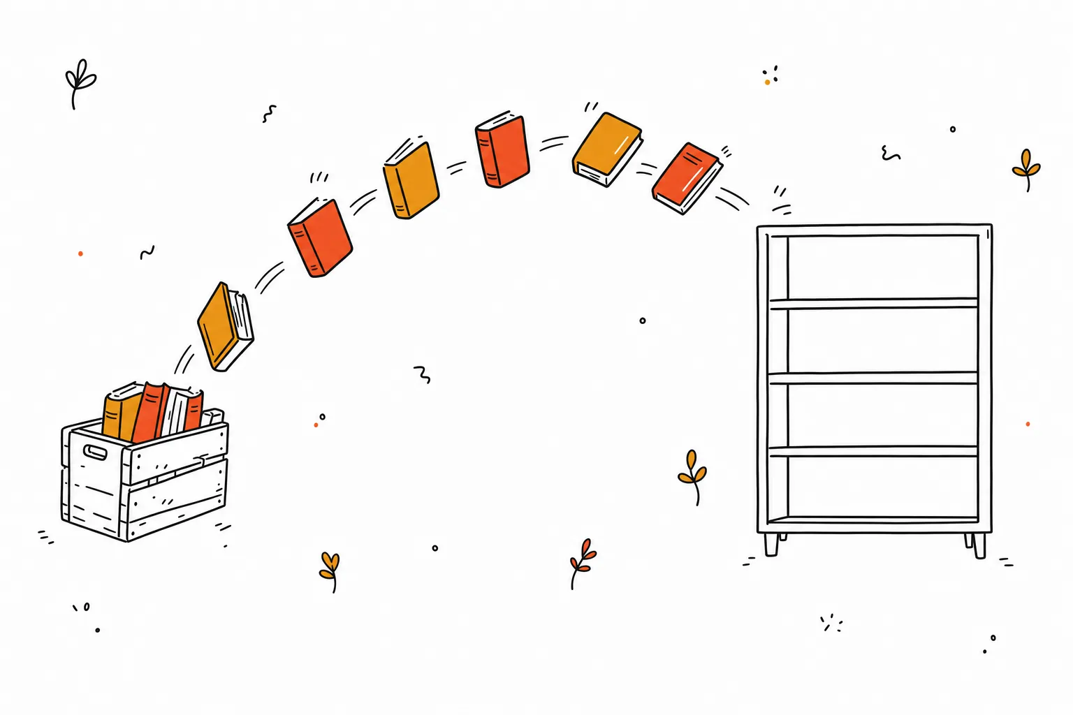 Line illustration of amber and red books arcing out of a wooden crate towards an empty bookcase