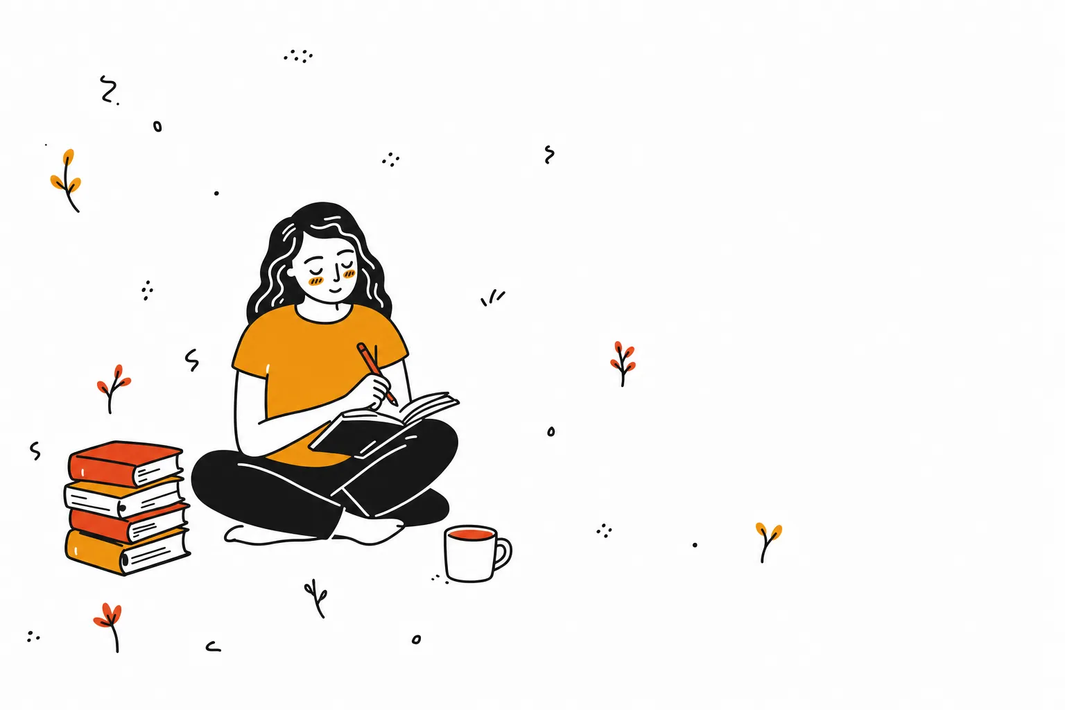 Line illustration of a reader sitting cross-legged, writing in an open notebook beside a small stack of amber and red books