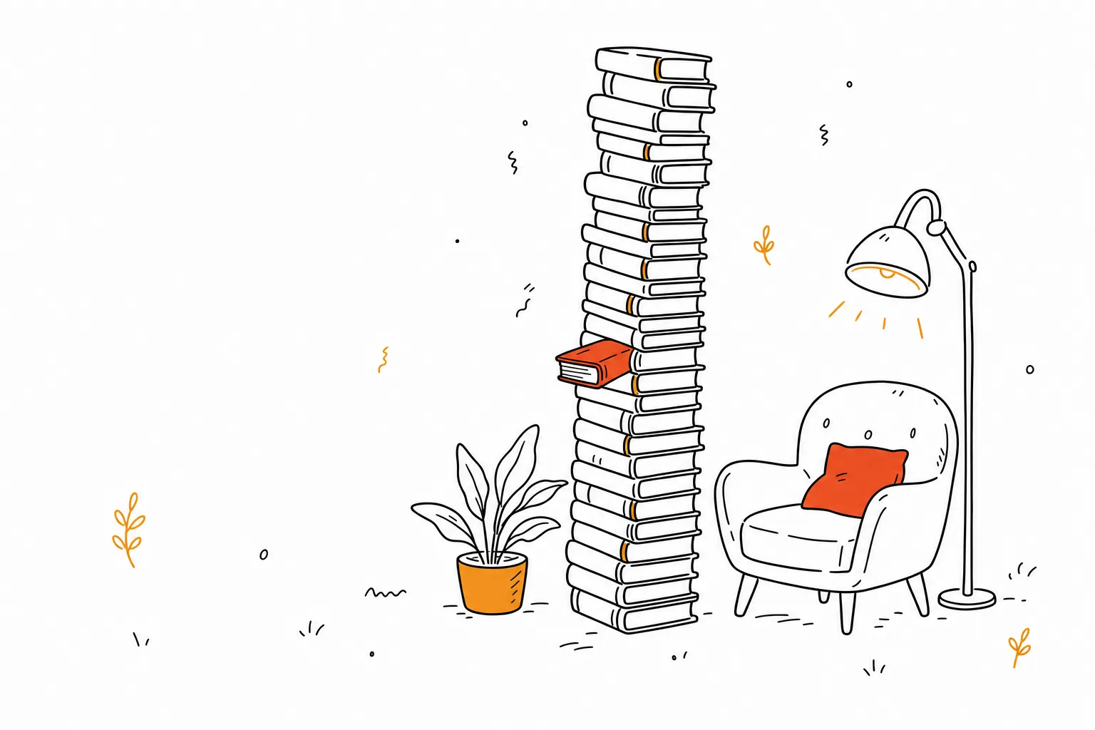 Line illustration of a stack of books as tall as the floor lamp beside it, with one red book pulled halfway out and an armchair alongside