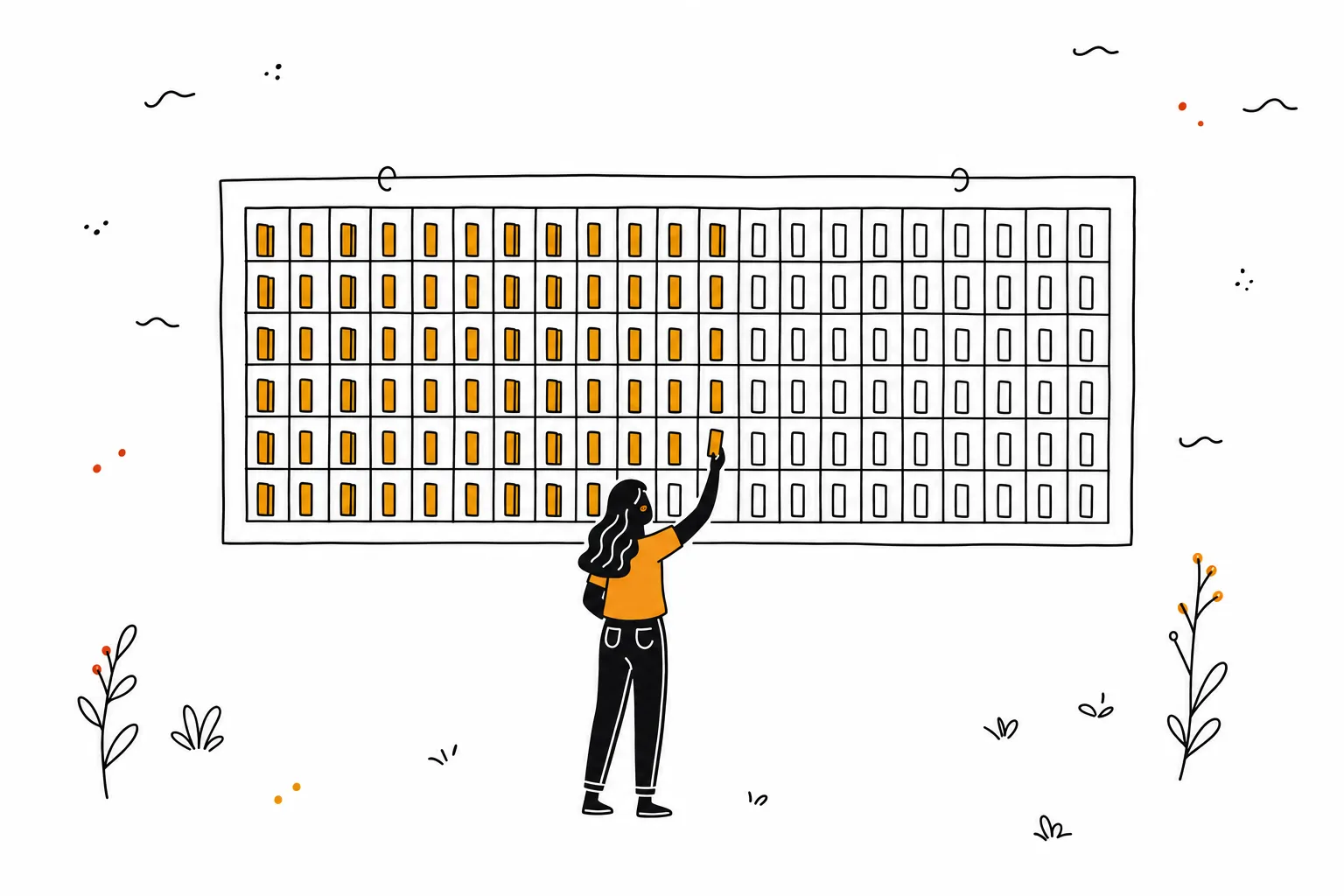 Line illustration of a reader reaching up to a wall calendar whose early squares are filled with amber book spines and later ones left empty