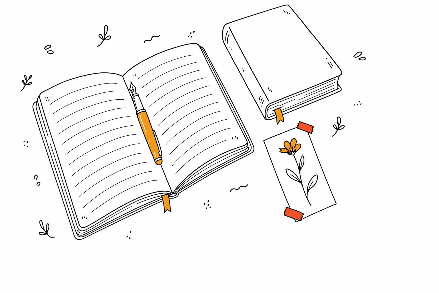 Line illustration of an open lined notebook with an amber fountain pen across it, a closed book, and a pressed flower taped to a card
