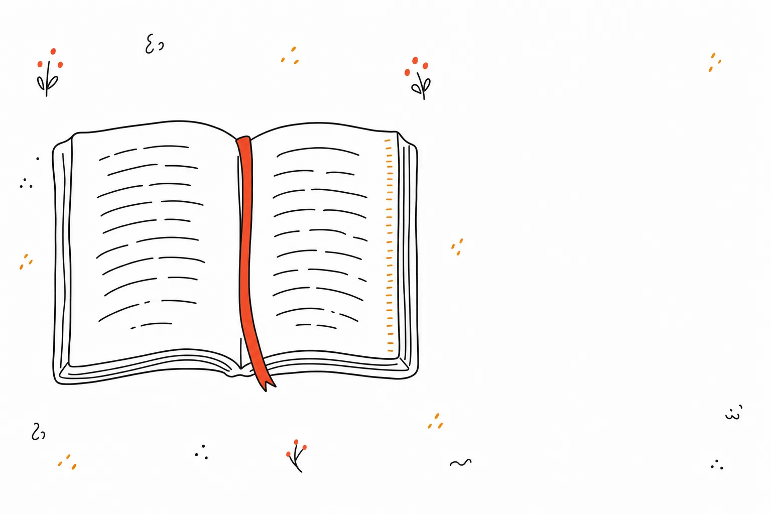 Line illustration of an open book with a red ribbon bookmark down the middle and a column of amber marks along the page edge