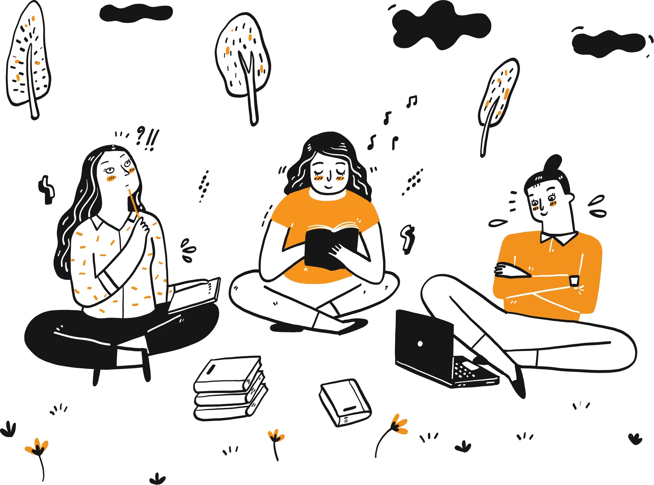 Illustration of three readers sitting with books and a laptop